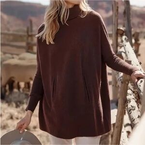 Garnet Hill Merino Wool Cashmere Brown Oversized Turtleneck Sweater